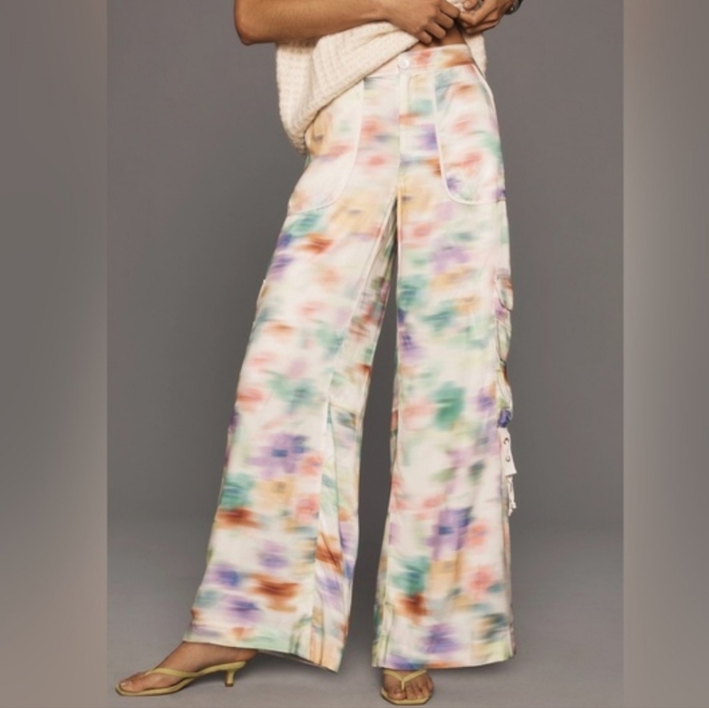 NEW By Anthropologie Palazzo Utility Pants Cargo Pockets Tie Dye Green Motif